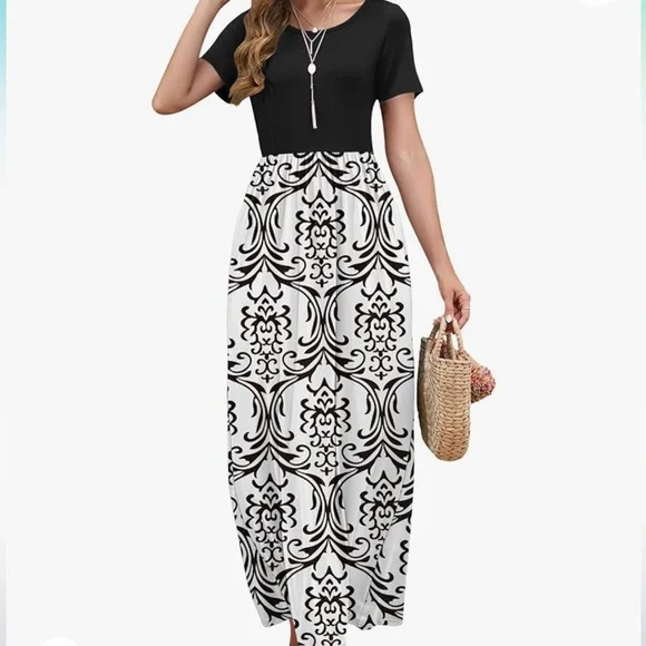 Short Sleeve Loose Plain Summer Casual Long Maxi Dresses With Pockets | Color: Black/White | Size: L | Trendygems86'S Closet